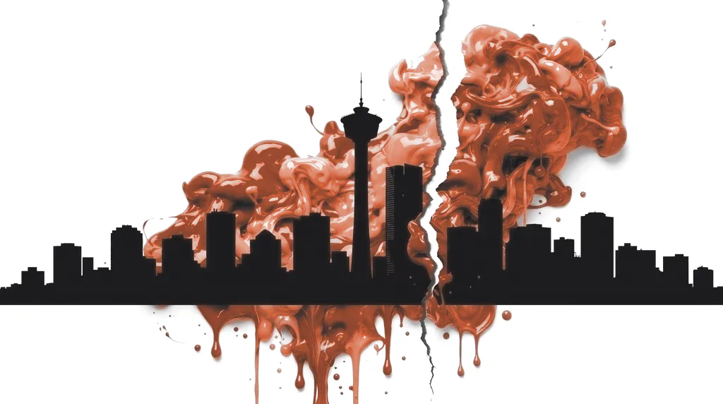 The Calgary skyline silhouette, including the Calgary Tower, with a jagged crack running through a burst of clay-coloured ink behind it, representing common first-website mistakes.