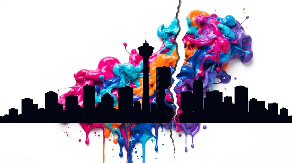 The Calgary skyline silhouette, including the Calgary Tower, with a jagged crack running through a burst of colour ink behind it, representing common first-website mistakes.