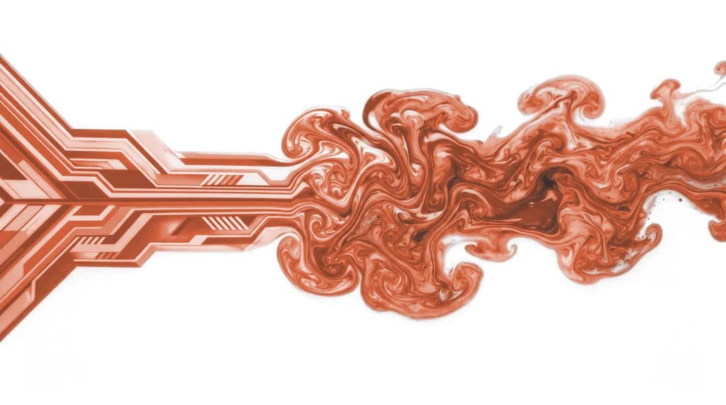 Two contrasting streams of clay-coloured ink on white — one rigid and geometric, one flowing and organic — meeting in the center, representing template versus custom design.