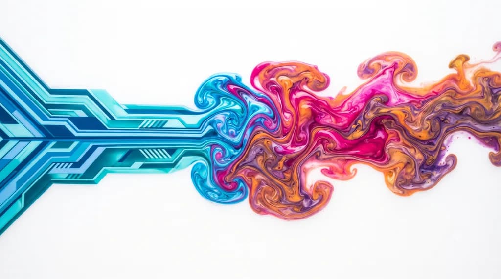 Two contrasting streams of colour ink on white — one rigid and geometric, one flowing and organic — meeting in the center, representing template versus custom design.