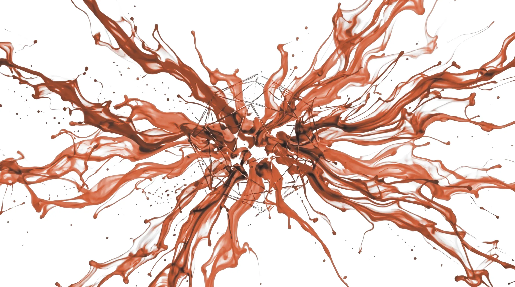 Clay-coloured ink bursting outward from a dissolving wireframe on white — openness, no lock-in.