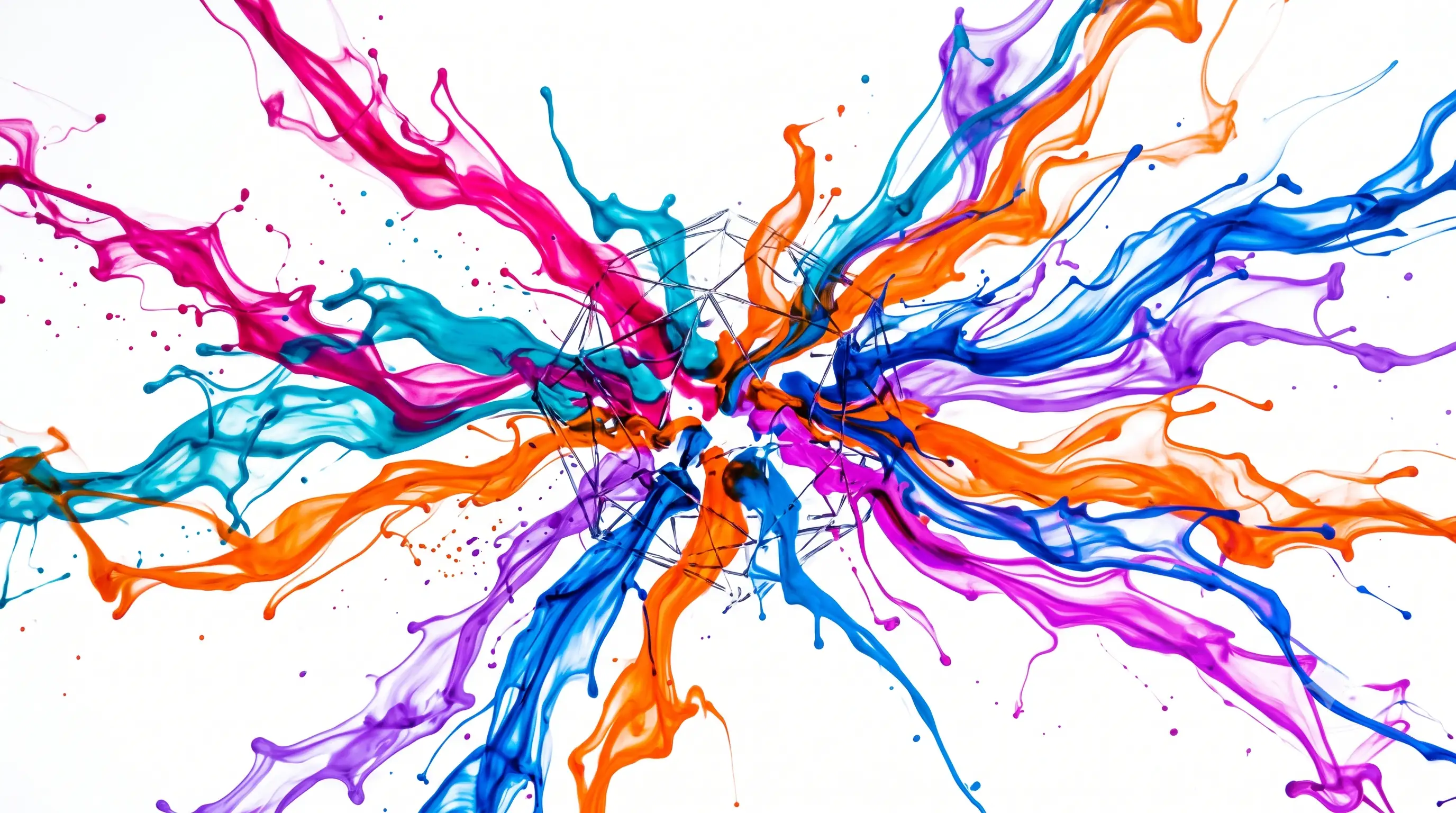 Colour-ink bursting outward from a dissolving wireframe on white — openness, no lock-in.
