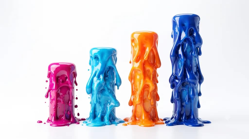 Four columns of glossy colour ink of increasing height on white, representing a range of website pricing tiers.
