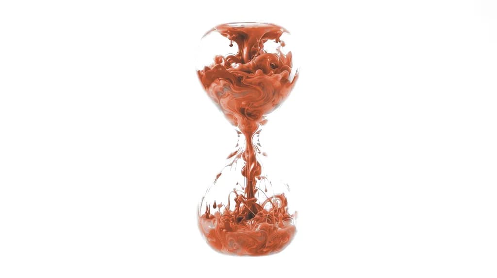A glass hourglass filled with swirling clay-coloured ink on white, representing the timeline of building a website.