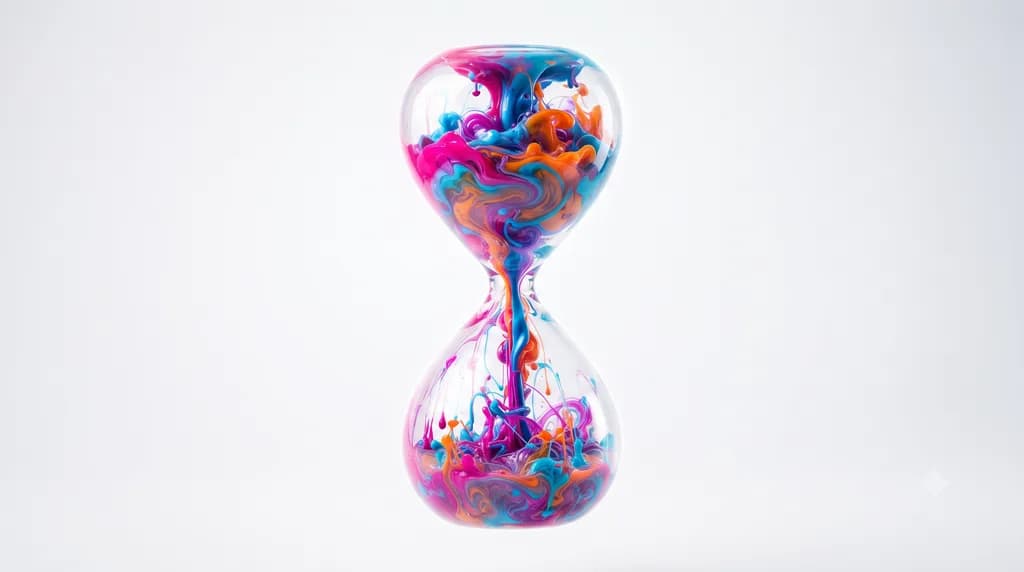 A glass hourglass filled with swirling colour ink on white, representing the timeline of building a website.