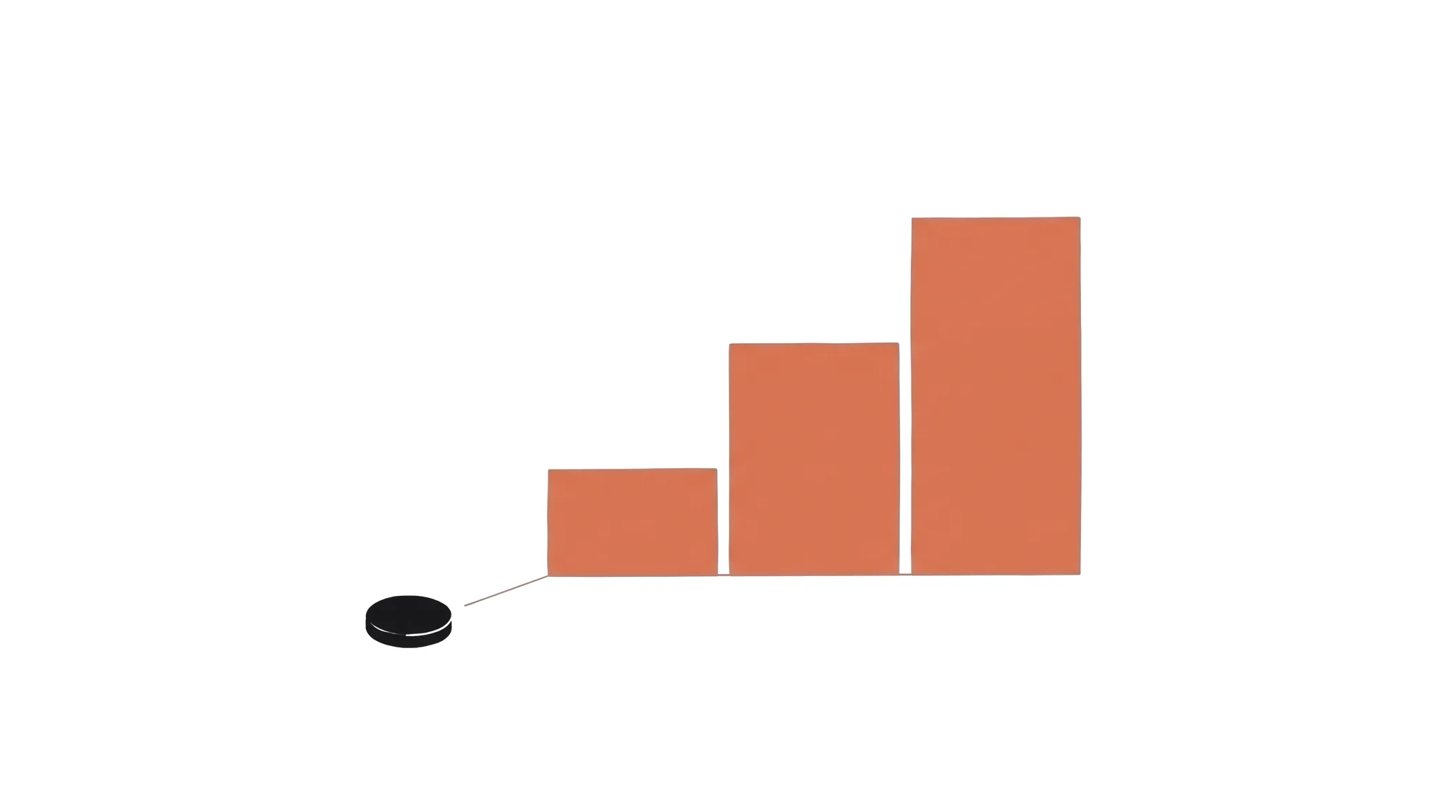 Three ascending clay-coloured bars representing rising web design prices, with a small dark circle standing apart and connected by a thin line — a simpler, smaller starting cost apart from the usual rising price scale.