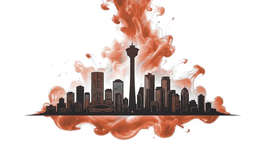 The Calgary skyline silhouette, including the Calgary Tower, with a warm burst of clay-coloured ink rising behind it like a sunrise.
