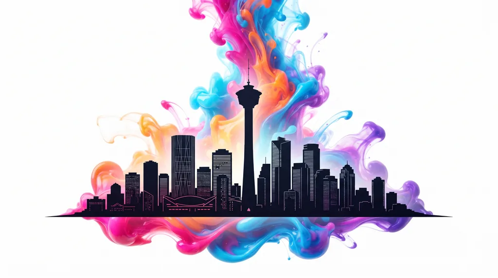 The Calgary skyline silhouette, including the Calgary Tower, with a vivid burst of colour ink rising behind it like a sunrise.