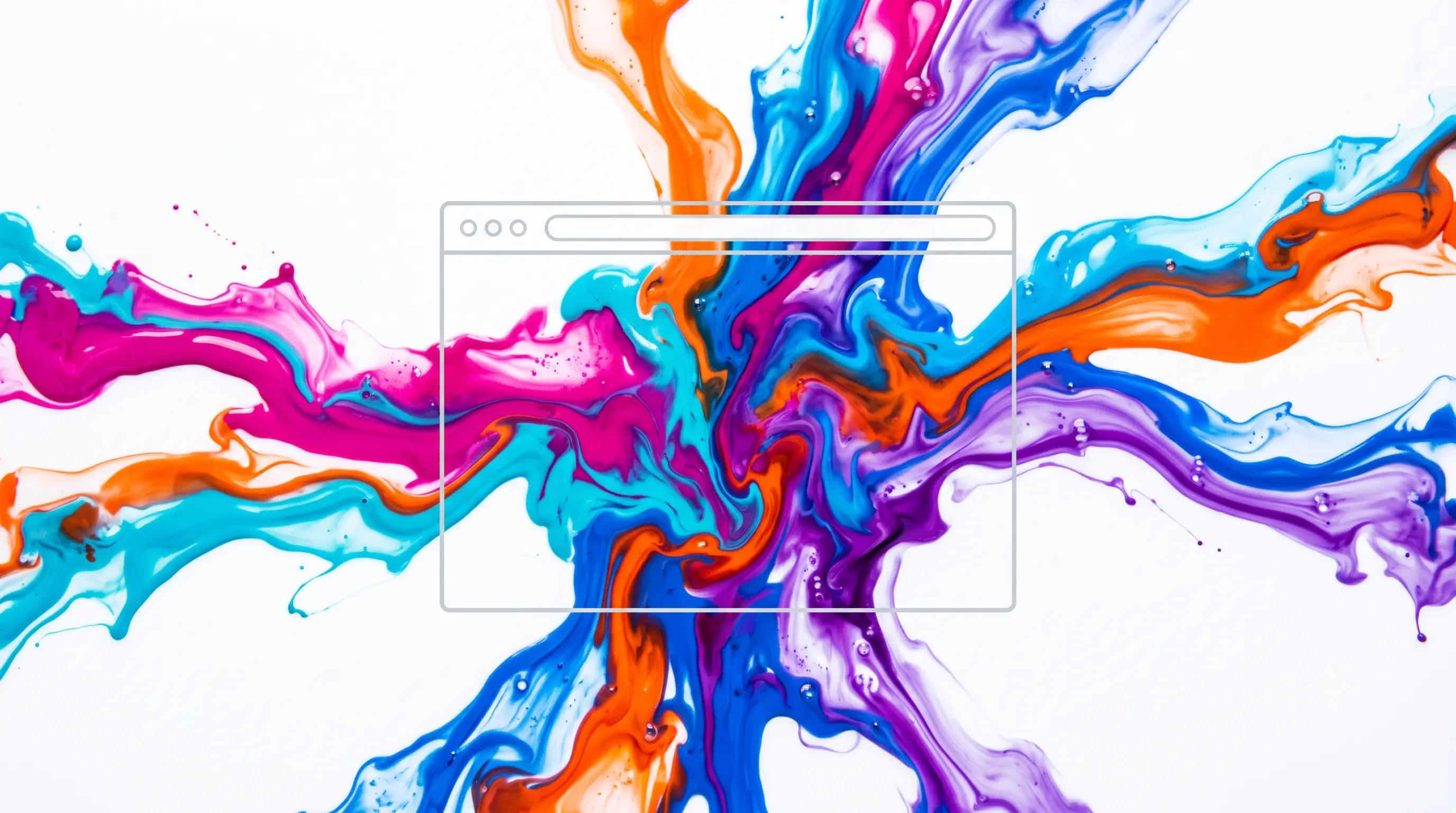 Abstract colour-ink on white converging into a clean website frame — a site coming to life.